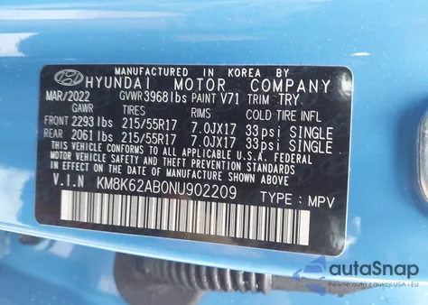 2022 Hyundai Kona Sel z USA, uszkodzony, nr VIN KM8K62AB0NU902209